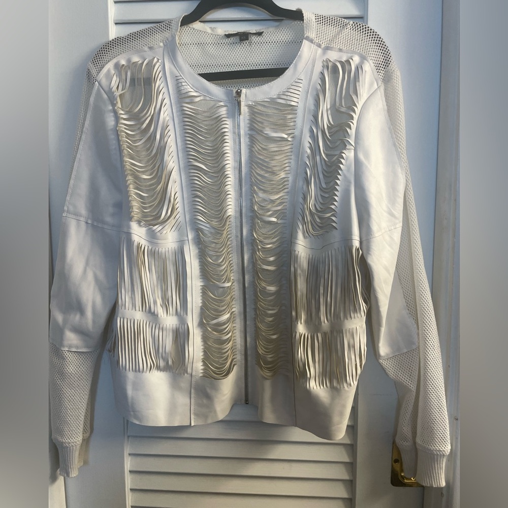 Ladies XL Vintage 80s 90s Shredded Vegan Leather Fishnet Bomber Jacket in Cream